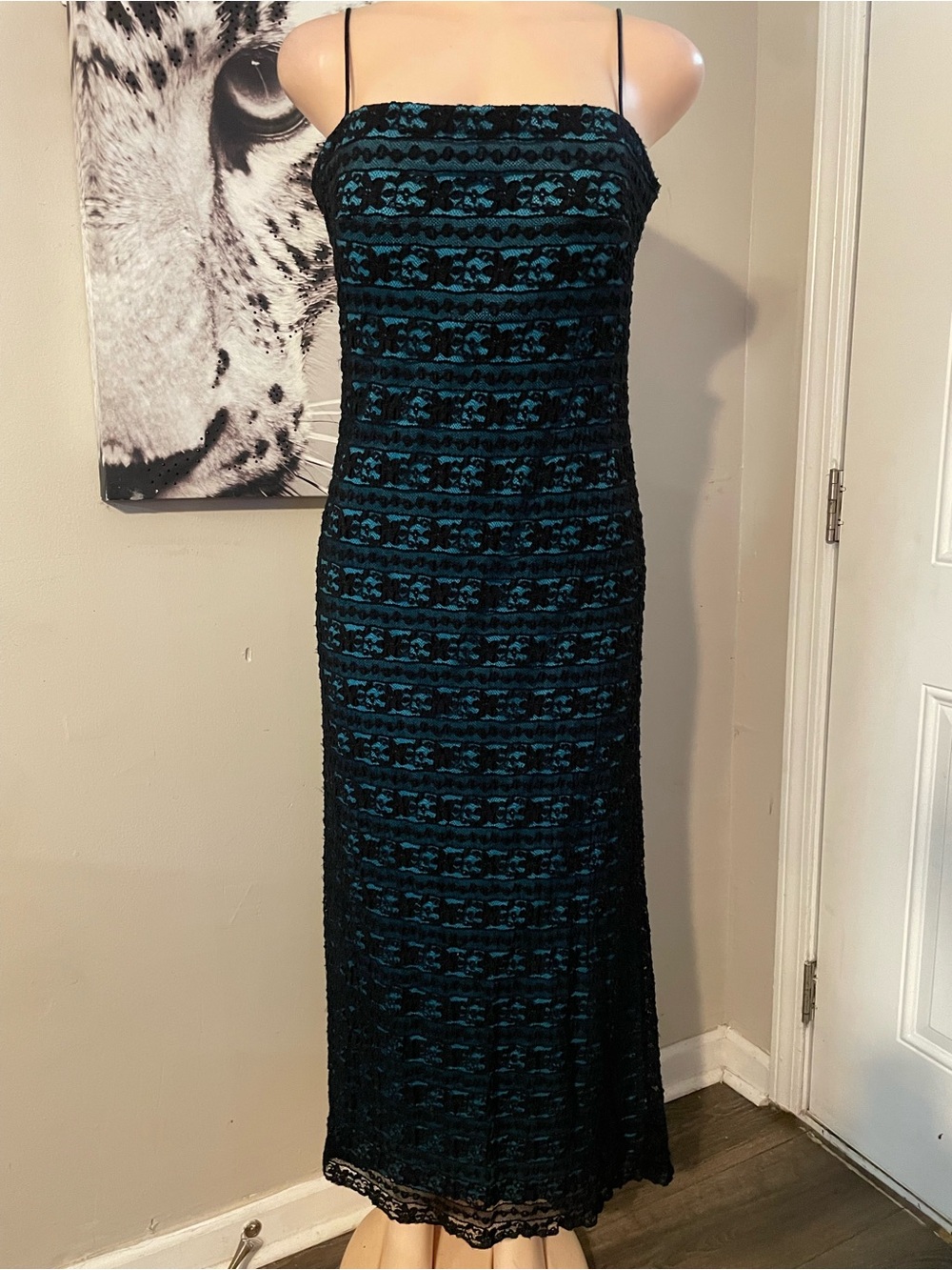 Vintage La Nuit stretch Lace Maxi Dress fitted column gown spaghetti straps 14